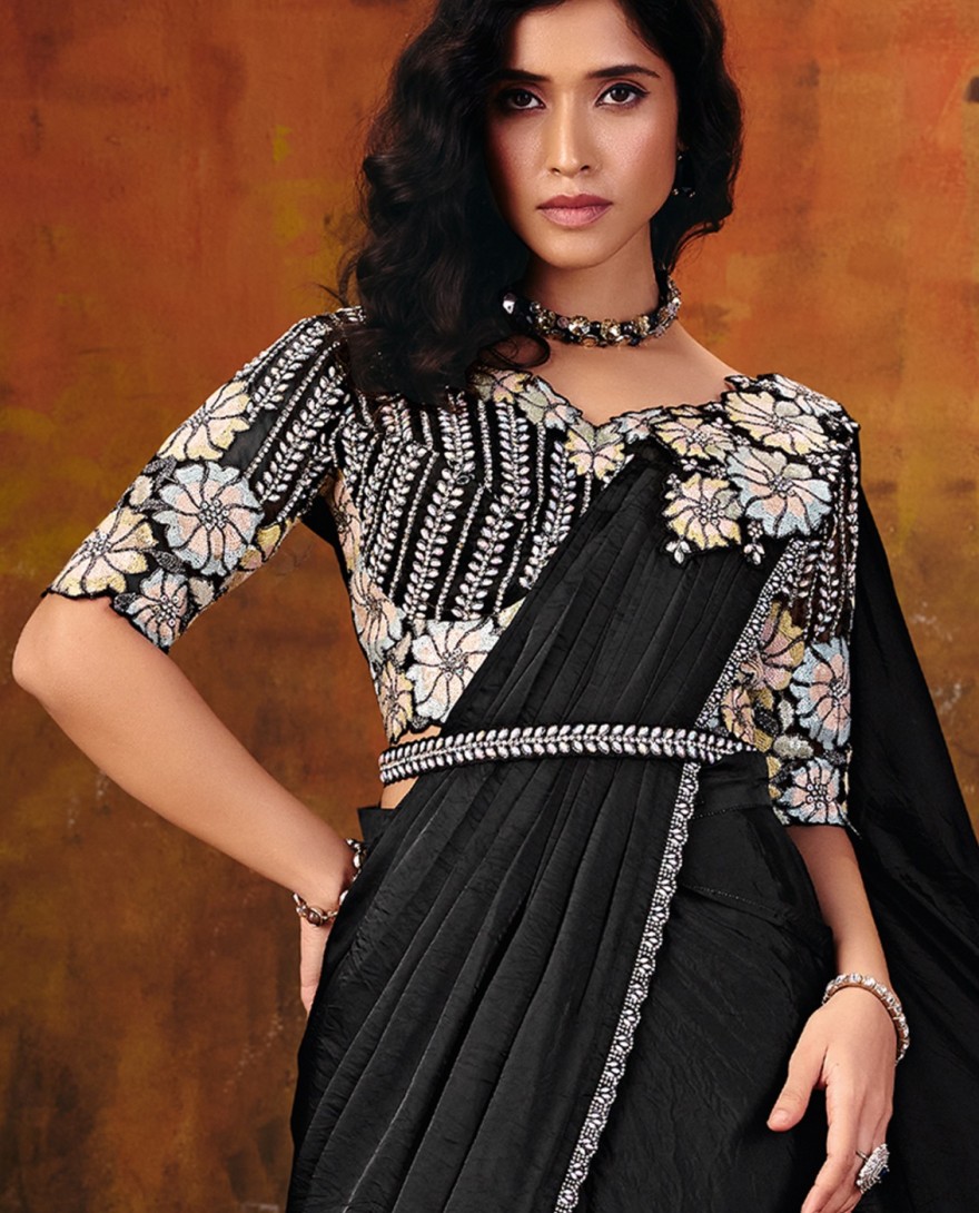 27115 - Jet Black Embroidered Wedding Party Designer Saree